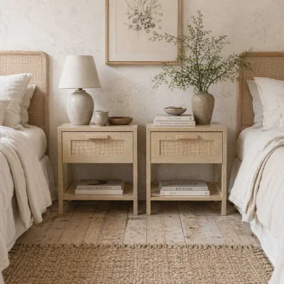 The Range Vicoha Set of 2 Natural Rattan Drawer Bedside Tables with Open Shelf