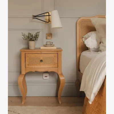 The Range Louis Bedside Table with Cane Rattan Drawer - Aged Oak Brown