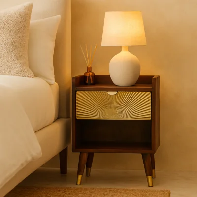The Range Solid Wood One Drawer Bedside - Brown and Gold