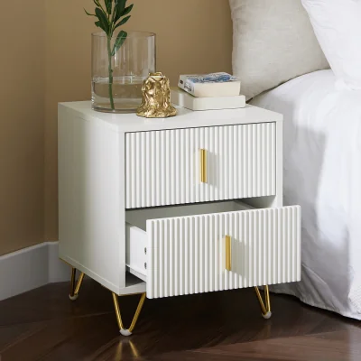 The Range Set of 2 Bedsides with Gold Legs 2 Drawers - White