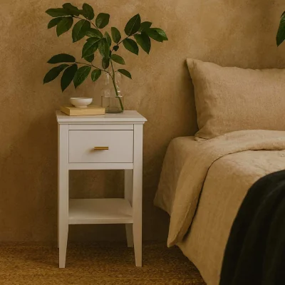 The Range Emma Mist Grey Wood-Grain 1-Drawer Bedside Table - White