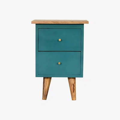 The Range Teal Hand Mango wood Painted Bedside Table With 2 Drawer - Blue