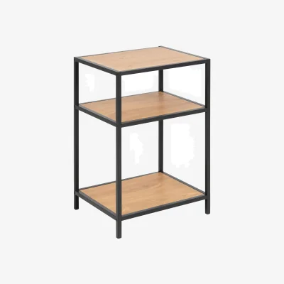 The Range Seaford Black Metal Bedside Table with 2 Oak Shelves - Oak & Black