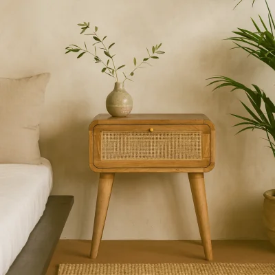 The Range Desenzano Boho Mango Wood Bedside Table with Woven Rattan Drawer - Brown
