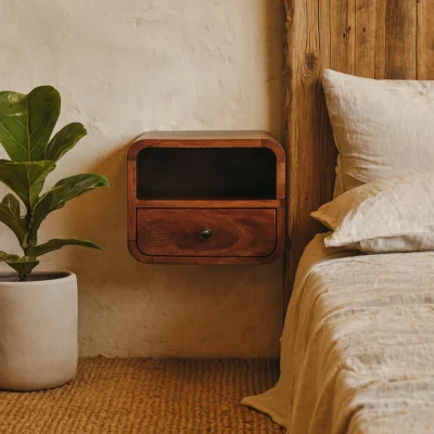The Range Cagliari Small Curved Wall Mounted Chestnut Bedside with Shelf - Brown