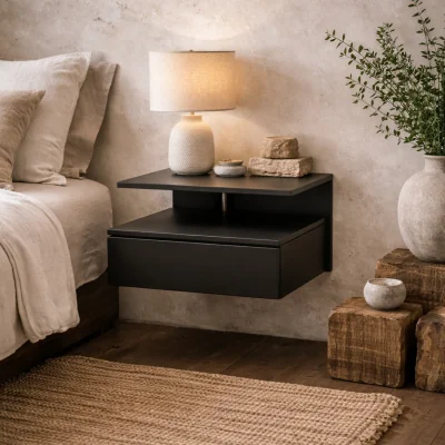 The Range Lincoln Wall Mounted Wooden Bedside Table with 1 Drawer and Open Shelf - Black