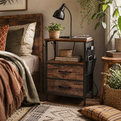The Range Yoroma Rustic Brown Bedside Table with Built-in Charging Ports and 2 Drawers
