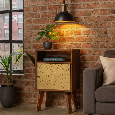 The Range Perouges Bedside Table Cut Out Dotted Brass Door - Brown
