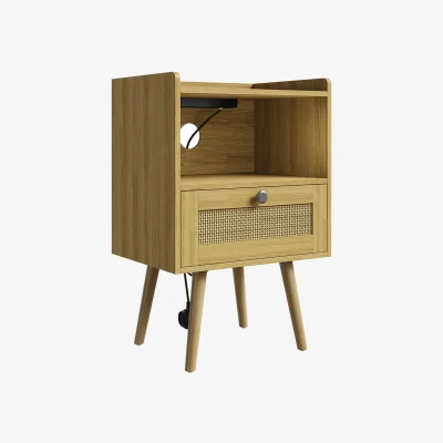 The Range Set of 2 Bedside Cabinets with Charging Station and Drawer -  Natural Wood