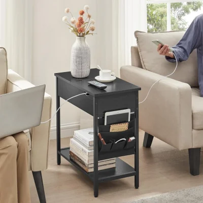 The Range Slim Bedside Table with Built-In Charging Station, USB Ports and Storage Drawer Compartment - Black