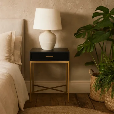 The Range Murano Gloss Bedside Table with Gold Legs and Drawer - Black