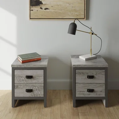 The Range Boston 2 Drawer Bedside Table Pair - Grey