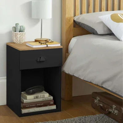 The Range 1 Drawer Bedside Table with Cup Handles in Black and Oak Effect - Black