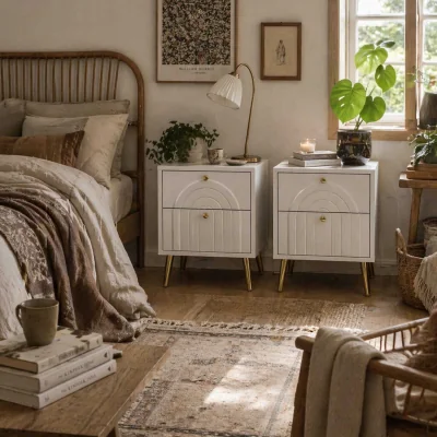 The Range Leri Kama Set of 2 White Bedside Tables with 2 Drawers and Gold Handles