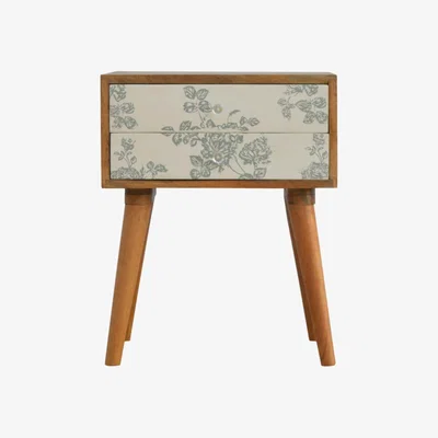 The Range Wood Bedside Table Green Floral Screen Printed With 2 Drawer - Green