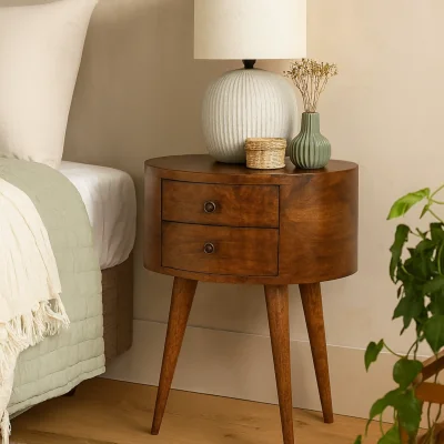 The Range Brescia Chestnut Mango Wood Oval 2 Drawer Bedside Table - Brown