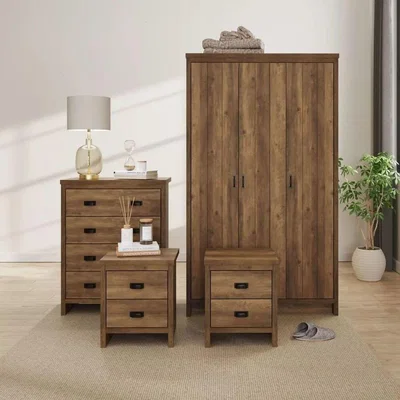 The Range Brown 4 Piece Set 3 Door Wardrobe 4 drawer chest and 2 Bedside Tables - Brown