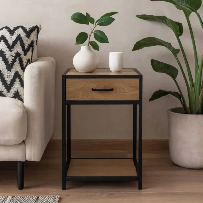 The Range El Paso Bedside Table Wild Oak Effect Top and Steel Base 1 Drawer - Neutral