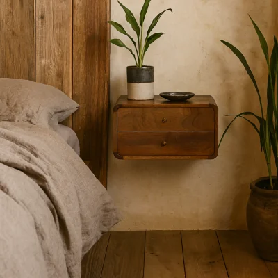 The Range Monforte Wall Mounted Curved Bedside Table Chestnut Mango Wood 2 Drawers - Brown