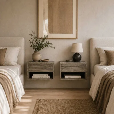 The Range Rosama Set of 2 Grey Wood-Effect Floating Bedside Tables, Wall-Mounted, 1 Drawer, 1 Shelf
