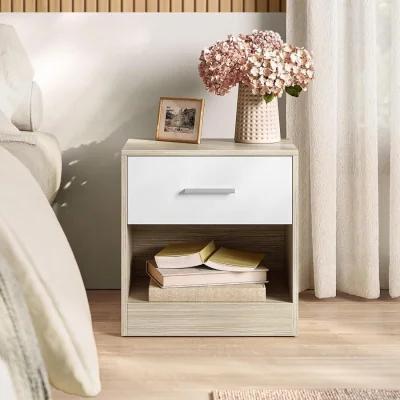 The Range Bedside Table with Drawer and Open Storage Compartment, Compact Nightstand Storage Unit for Bedroom - Natural Beige, Cloud White