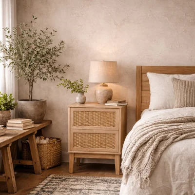 The Range Wyld Haus Waterford Oak Bedside Cabinet with Rattan Drawer Fronts, 2 Drawers, Natural - Brown