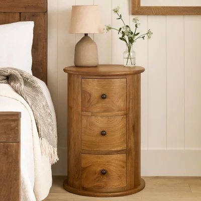 The Range Amalfi 3-Drawer Mango Wood Drum Bedside Table - Brown