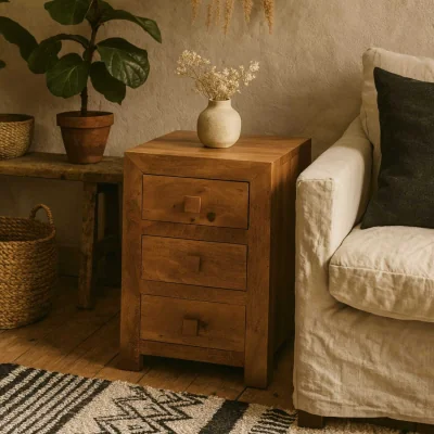 The Range Manila Mango Wood 3-Drawer Bedside Table, Light Finish - Brown