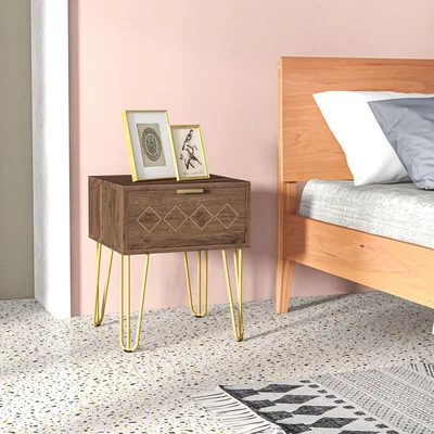 The Range Bedside Table with Drawer, Gold Metal Legs for Living Room Bedroom - Brown