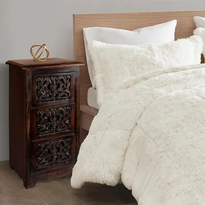 The Range 3 Draw Carved Bedside Cabinet - Dark Brown