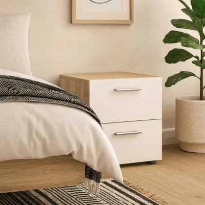 The Range Daejeon Bedside Table - White Gloss and Natural Oak-Effect, 2 Drawers - White