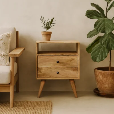 The Range Megeve Mango Wood Bedside Table 2 Drawers and Open Shelf Natural Finish - Brown