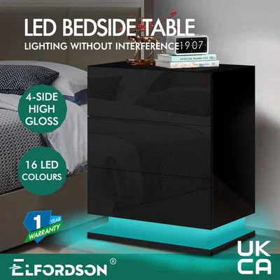 The Range RGB LED 3 Drawer Bedside Table Nightstand Floor Light - Black