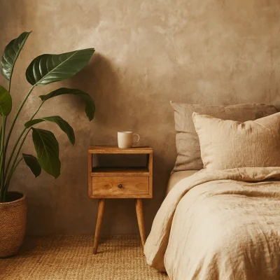 The Range Wyld Haus Parma Mini Bedside Table - Oak Mango Wood, Grey Tweed Top, 1 Drawer - Brown
