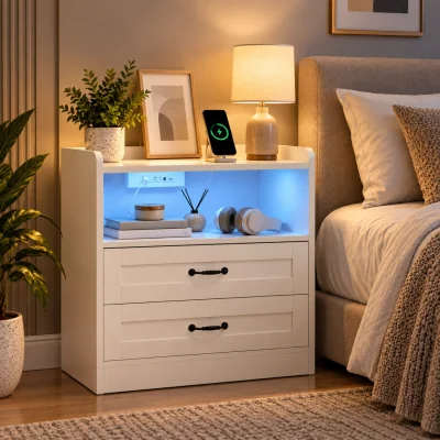 The Range Bedside Cabinet with LED Lights and USB Port - White / 65cm