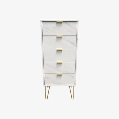 The Range Hong Kong Ready Assembled (Gold Hairpin Legs) 5 Drawer Bedside Cabinet - Marble