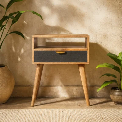 The Range Gallipoli Bedside Table Tweed Drawer Mango Wood Body Open Shelf - Brown