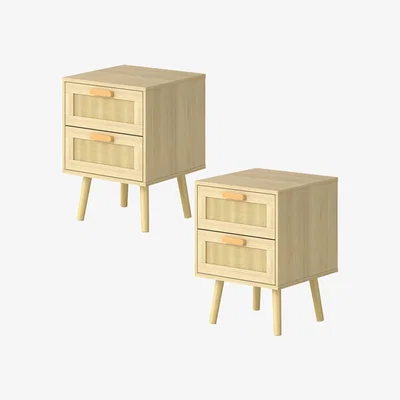 The Range Bedside Table Rattan 2 Pack Drawers Nightstand 57cm Bedroom Bamboo - Natural