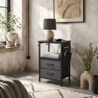 The Range Pado Black Bedside Table with Integrated Charging Station and Fabric Drawers