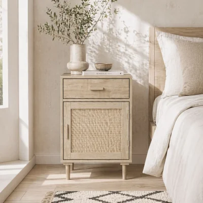 The Range Basose Natural Wood Effect Rattan Bedside Table With Drawer And Door