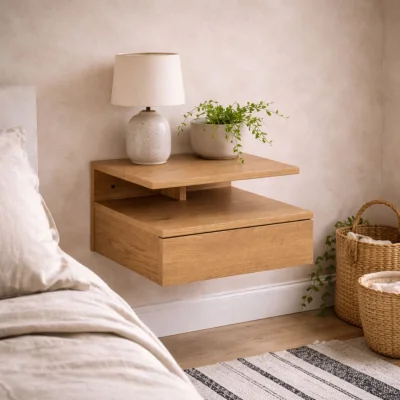 The Range Lincoln Wild Oak Effect Floating Bedside Table 1 Drawer Open Shelf - Brown