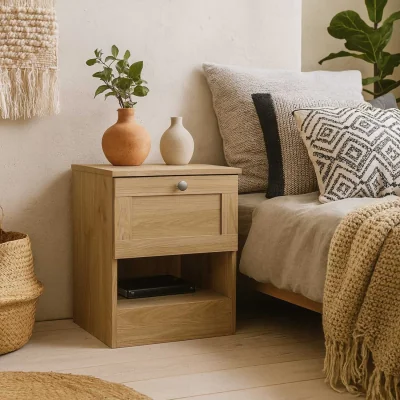 The Range Cherryfern Natural Oak Bedside Table - 1 Drawer, 1 Open Shelf - Neutral