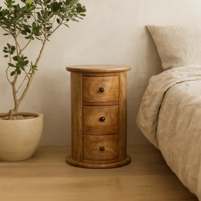 The Range Kantang Mini Mango Wood Drum Chest 3 Drawer Round Bedside Table - Brown