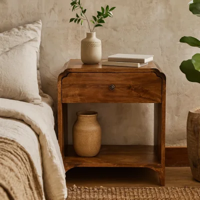 The Range Lanta Scalloped Mango Wood Bedside Table with Drawer Chestnut Matt Finish - Brown