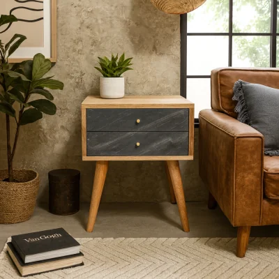 The Range Kailua Mango Bedside Table with Slate Drawers and Brass Knobs - Brown