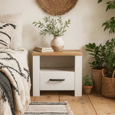 The Range Wyld Haus Bramblecroft 1-Drawer Bedside Table in White and Natural Oak - White
