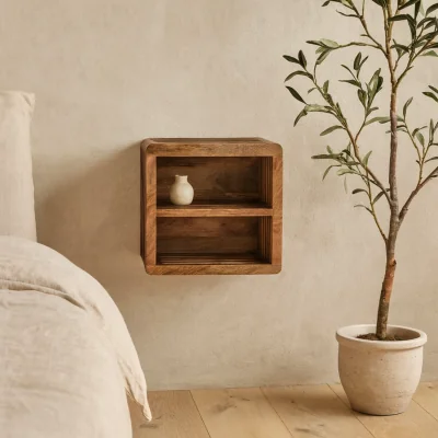 The Range Mantua Wall Mounted Bedside Table Solid Mango Wood 2 Open Slots - Brown