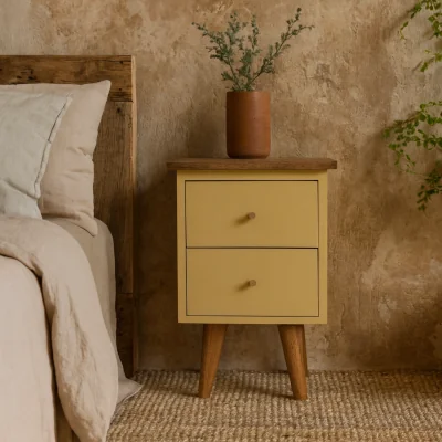 The Range Gordes Mango Wood Bedside Table Hand Painted Yellow 2 Drawers - Brown