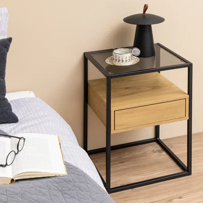 The Range Randolf Square Bedside Table with 1 Drawer in Black and Oak - Black & Oak