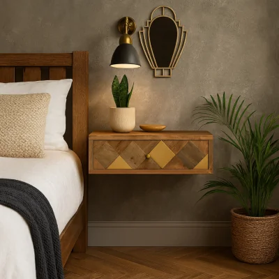The Range Bardolino Wall Mounted Mango Wood Bedside Table with Brass Inlay - Brown